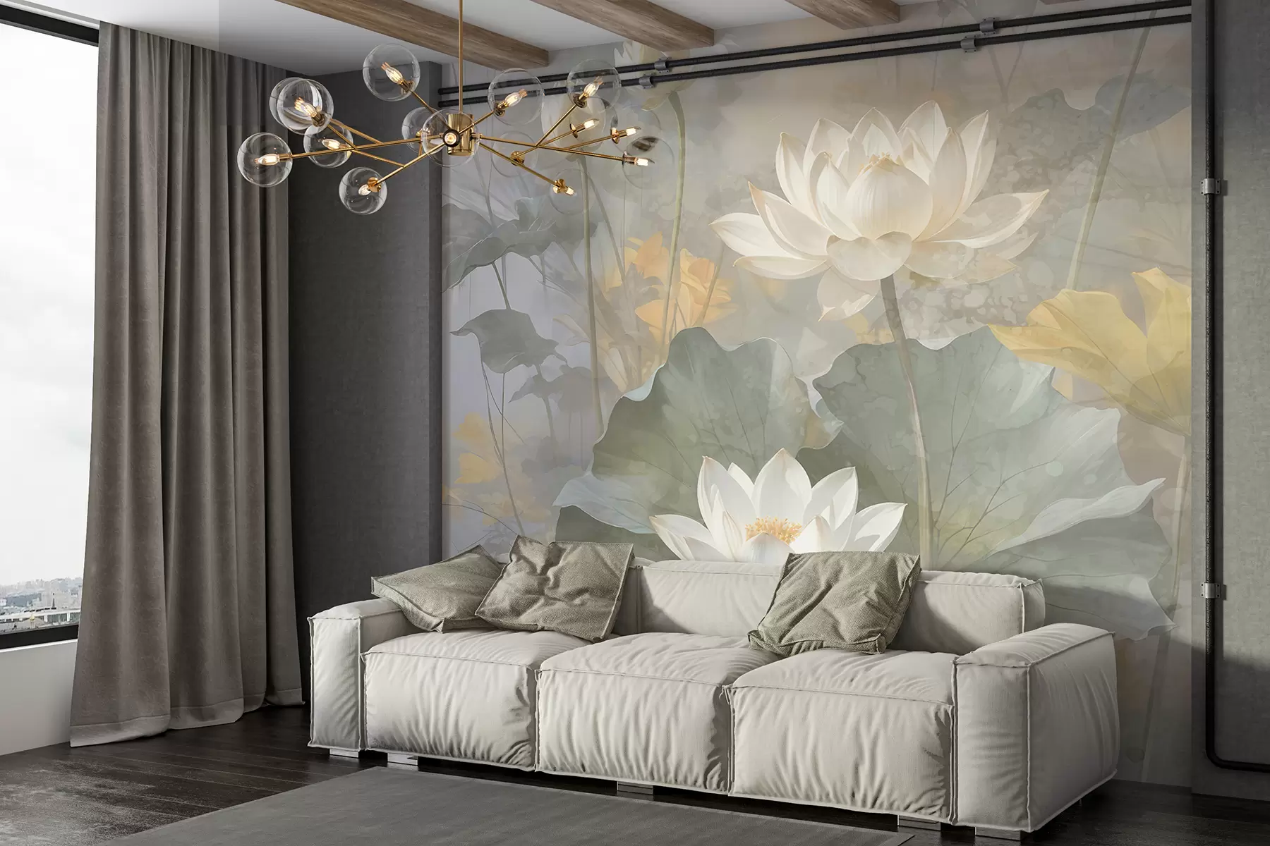 murales de pared Flores de loto blancas con hojas en un estanque con un suave fondo difuminado amarillo y verde w08275