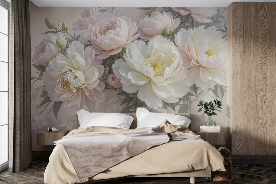 murales de pared Un ramo de exuberantes peonías de colores pastel y otras flores sobre un fondo suave y difuminado  w08276