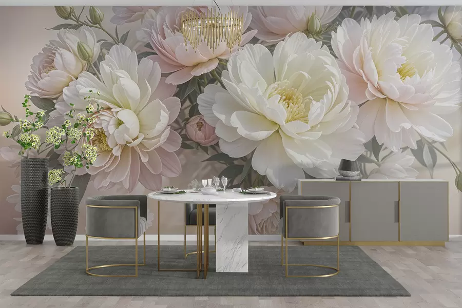 murales de pared Un ramo de exuberantes peonías de colores pastel y otras flores sobre un fondo suave y difuminado  w08276