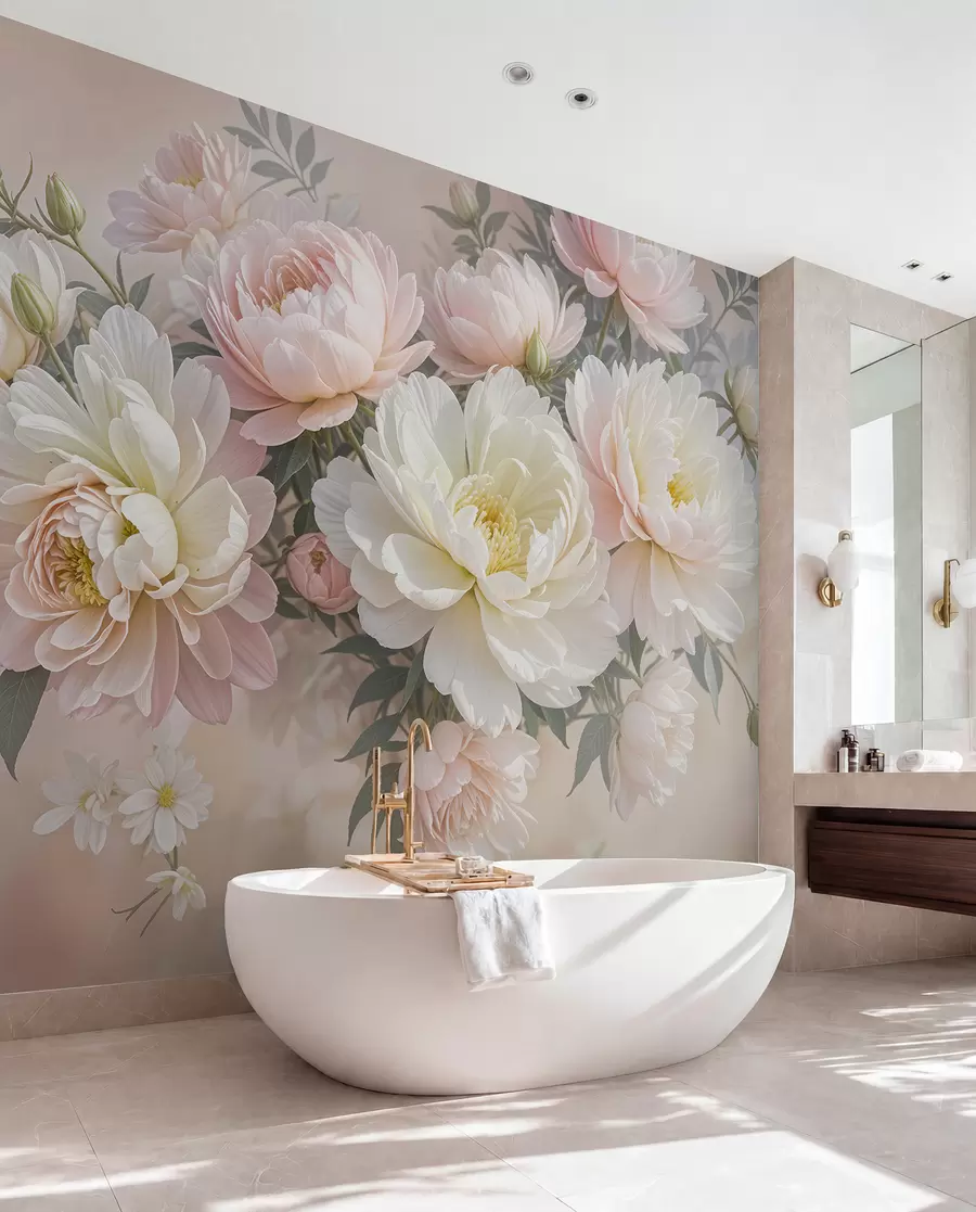 murales de pared Un ramo de exuberantes peonías de colores pastel y otras flores sobre un fondo suave y difuminado  w08276