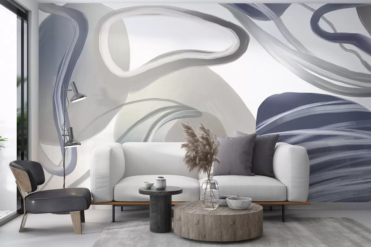 murales de pared Formas y curvas abstractas arremolinadas en tonos azul oscuro que crean una composición dinámica y fluida w08279v1