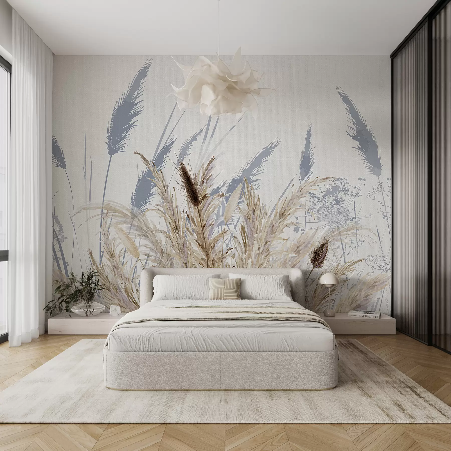 murales de pared Altos tallos de trigo y hierba con mullidos penachos blancos sobre un fondo claro w08282
