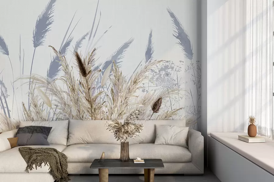 murales de pared Altos tallos de trigo y hierba con mullidos penachos blancos sobre un fondo claro w08282