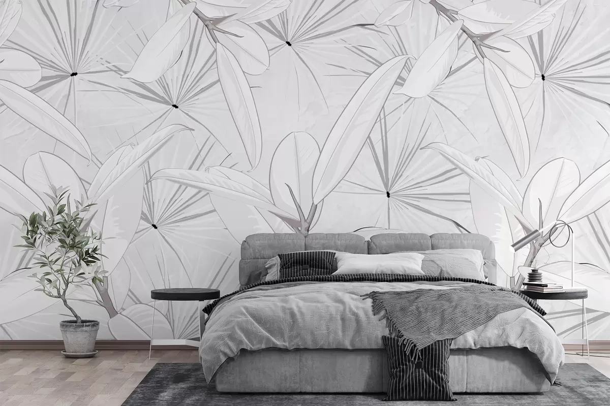 murales de pared ramas con hojas, hojas grandes, ramas grises w01593