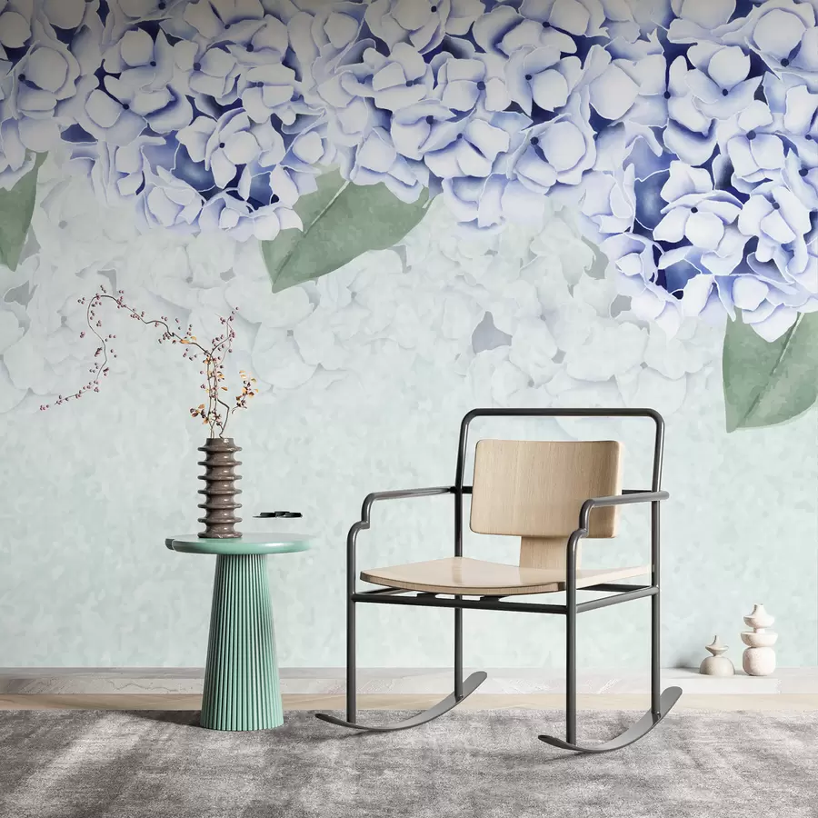 murales de pared flores de hortensia, flores azules, flores de arriba, flores grandes w01597