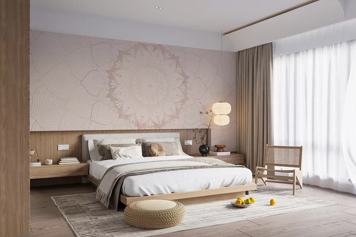 murales de pared Mandala redondo, papel pintado para espacio de yoga o para armonizar el espacio personal. Mandala mural en cálidos colores pastel sobre fondo irregular texturizado w01088