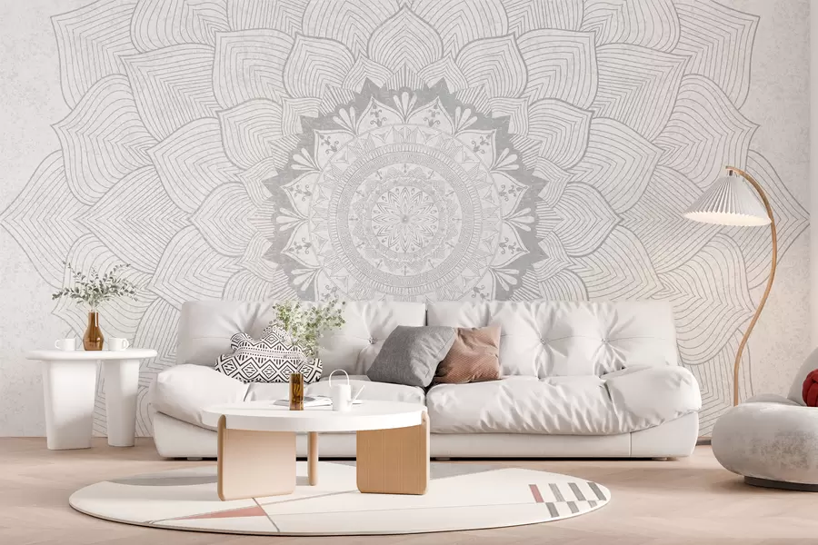 murales de pared Mandala redondo, papel pintado para espacio de yoga o para armonizar el espacio personal. Mandala mural en tonos grises sobre fondo heterogéneo texturado w01088v2