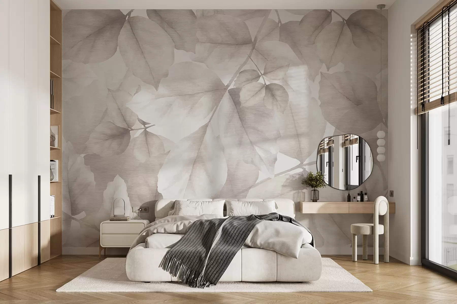murales de pared Papel pintado texturizado con grandes hojas en tonos pastel de beige cálido w01090v2
