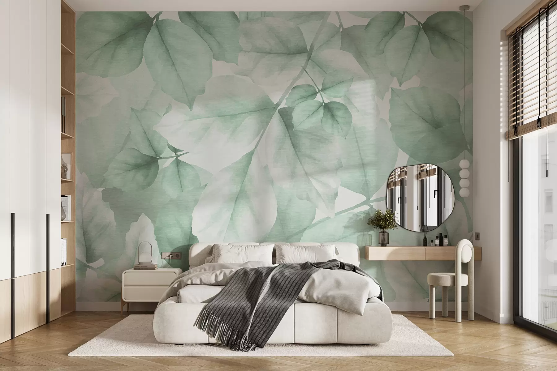 murales de pared Papel pintado texturizado con grandes hojas en tonos verdes pastel w01090v3