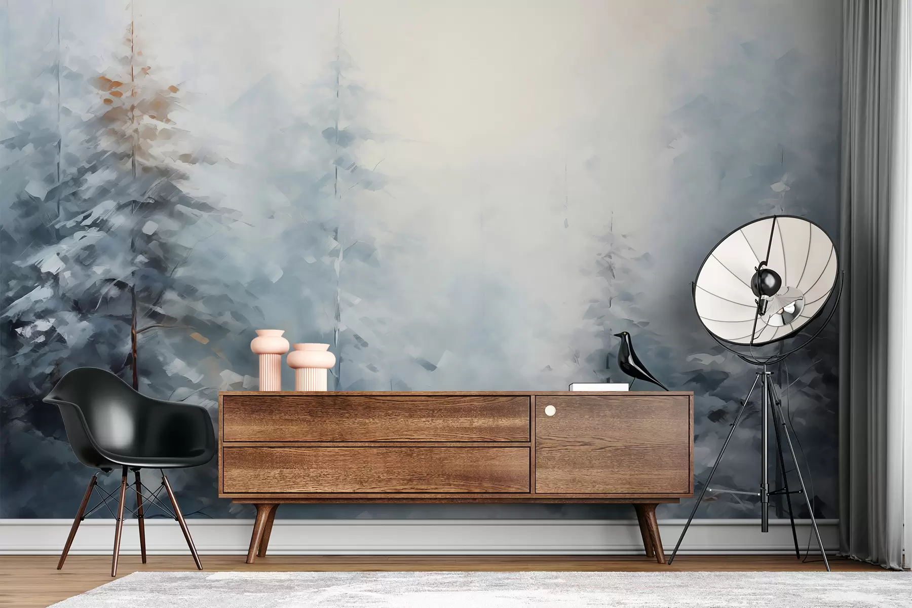 murales de pared Bosque de abetos en la niebla, color azul w01614