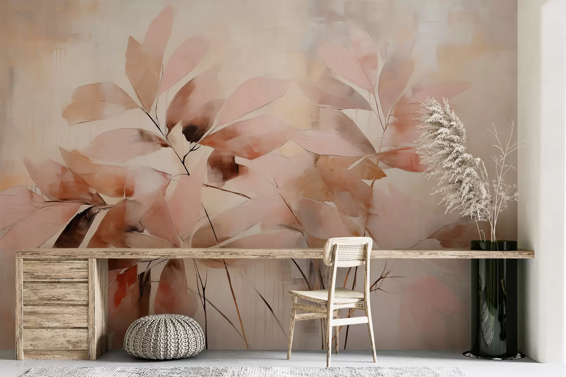 murales de pared Ramitas con hojas rosas sobre fondo abstracto w01617