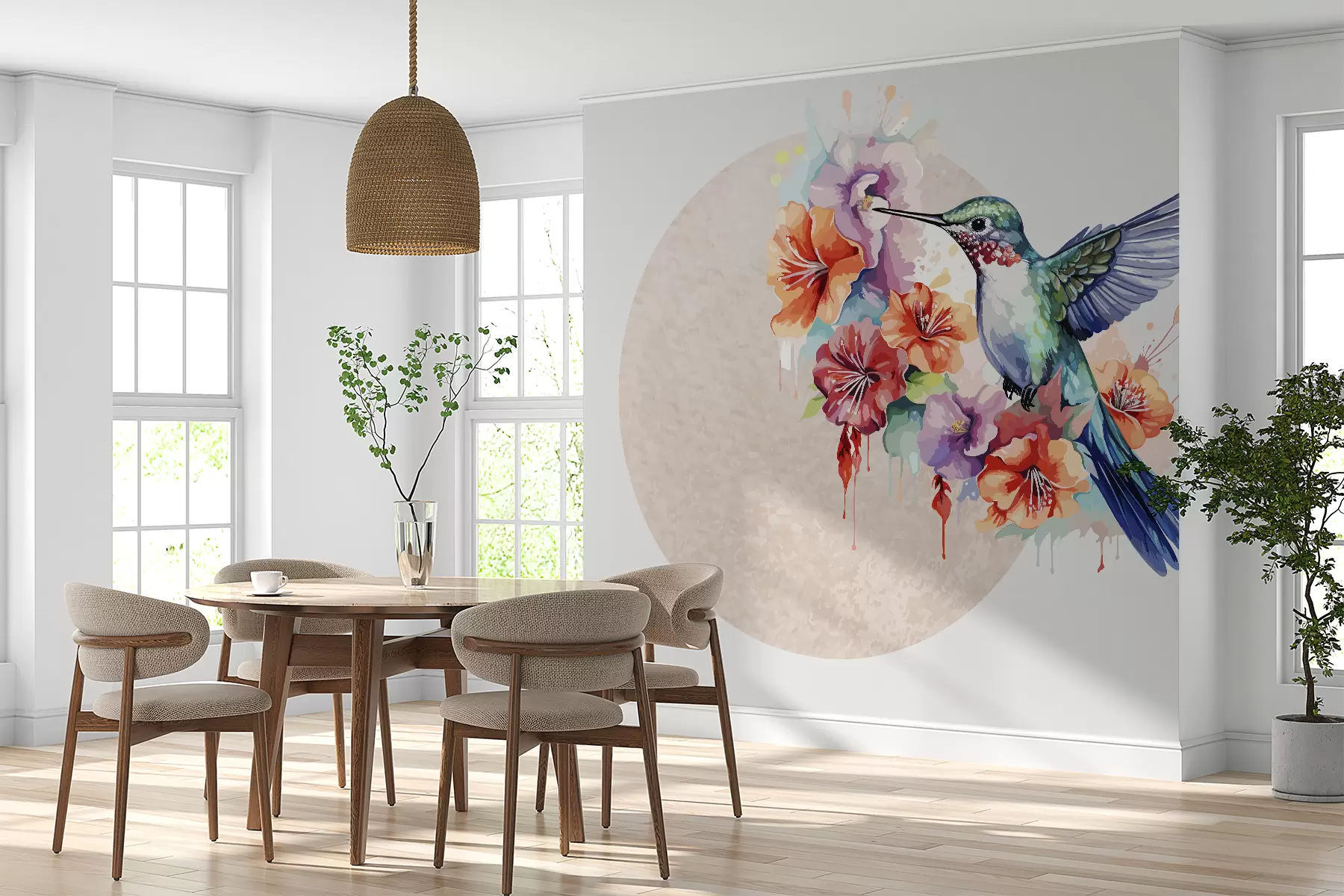 murales de pared Colibrí,flores,círculo,beige w01528