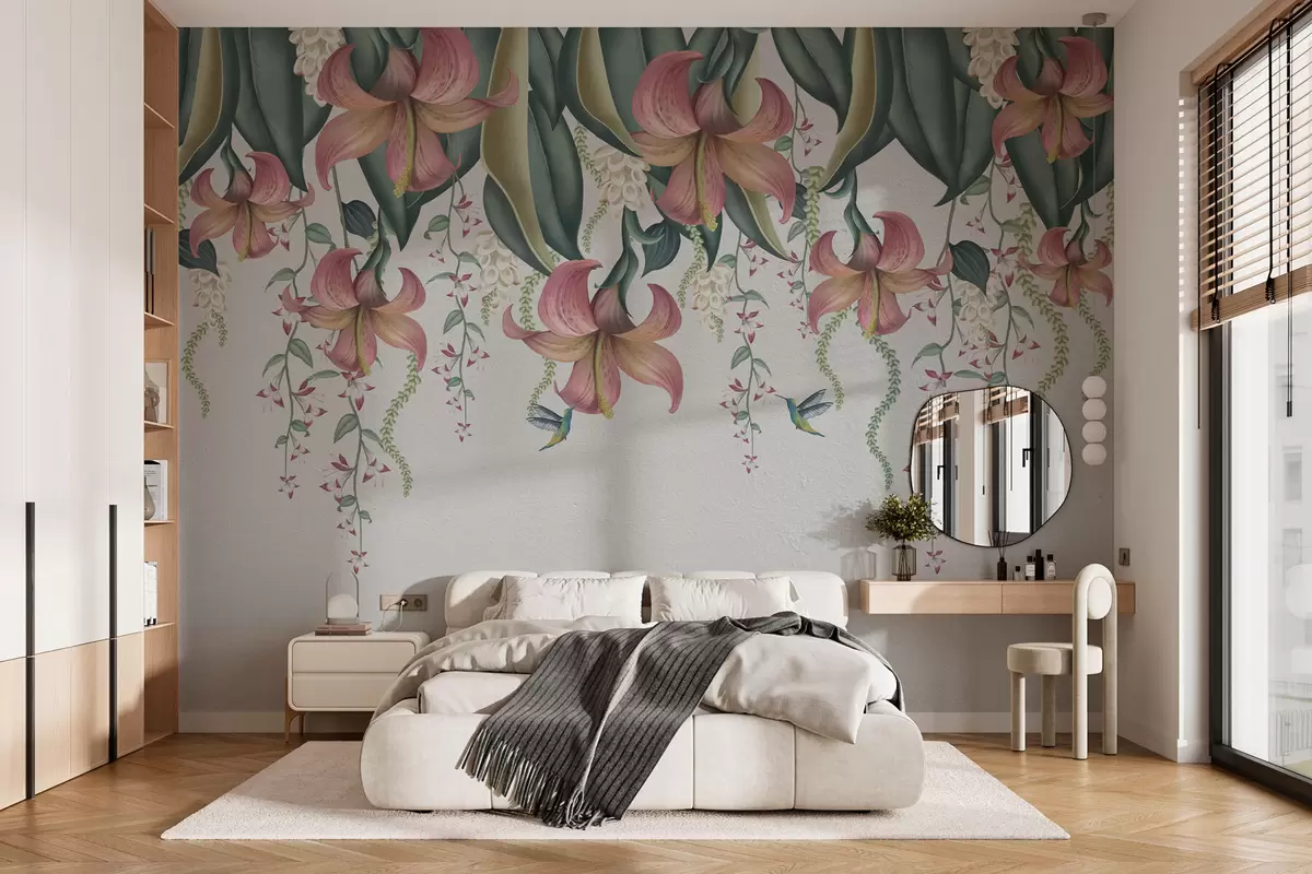 murales de pared Delicado motivo botánico con lirios colgantes, flores y colibríes en una pared clara w01523v1