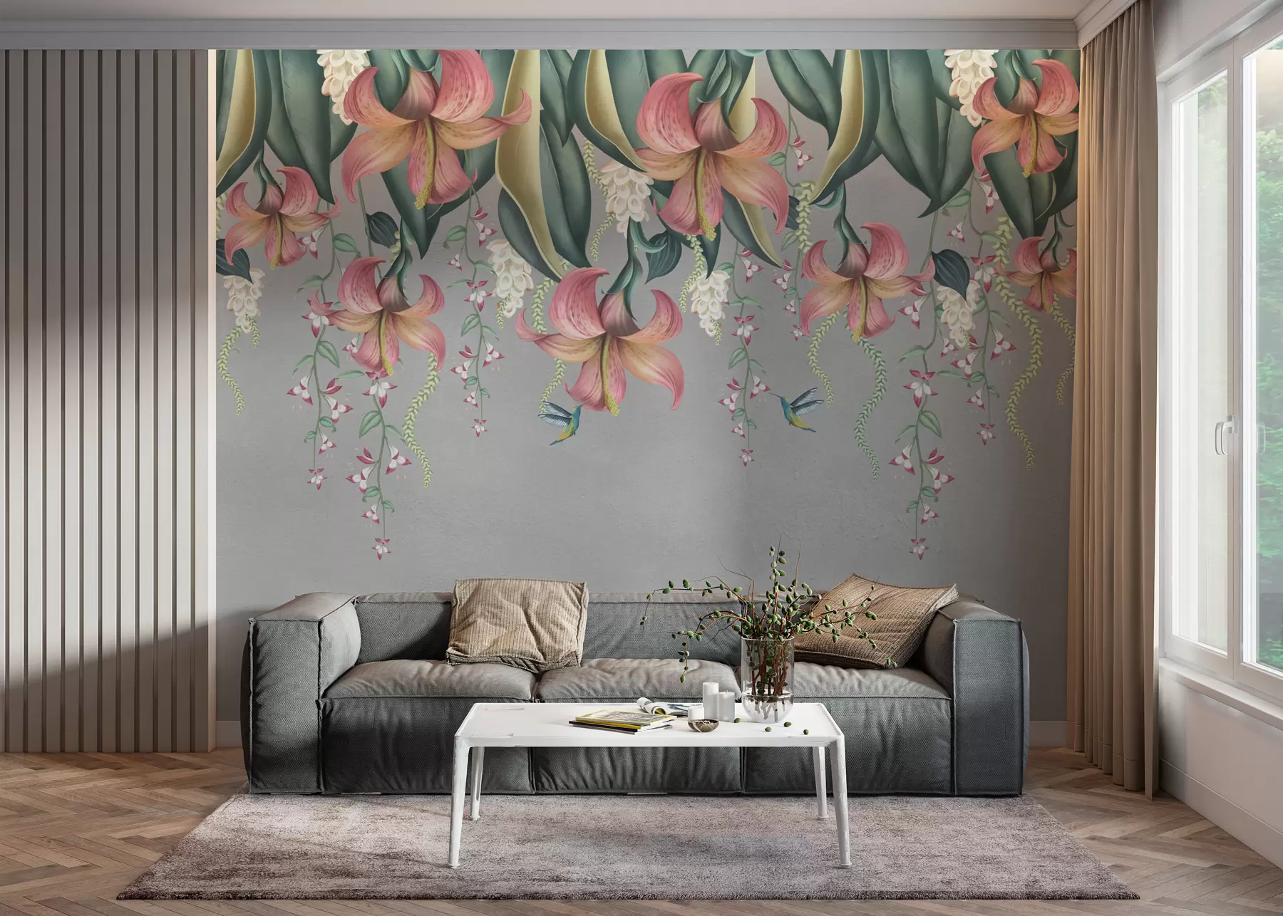 murales de pared Delicado motivo botánico con lirios colgantes, flores y colibríes sobre una pared gris grunge w01523v2