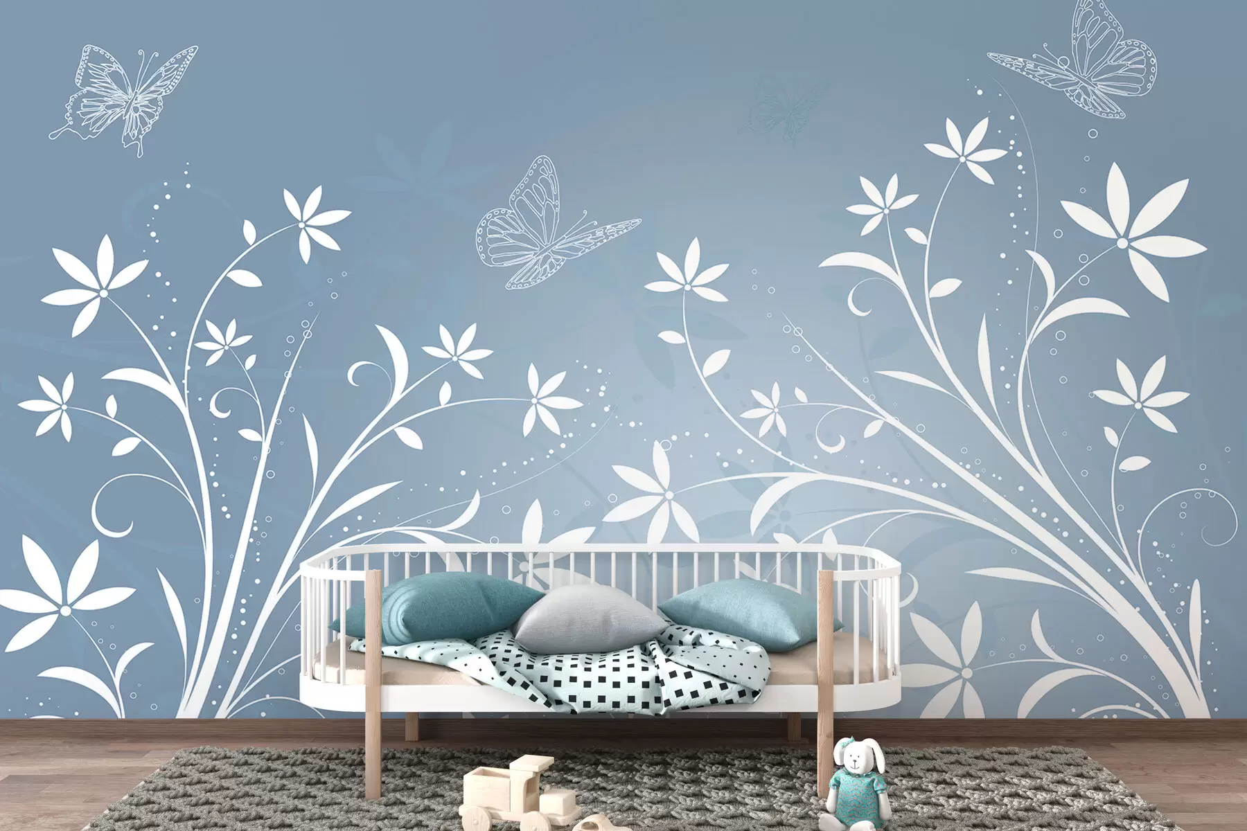 murales de pared Delicado dibujo con flores y mariposas w01548