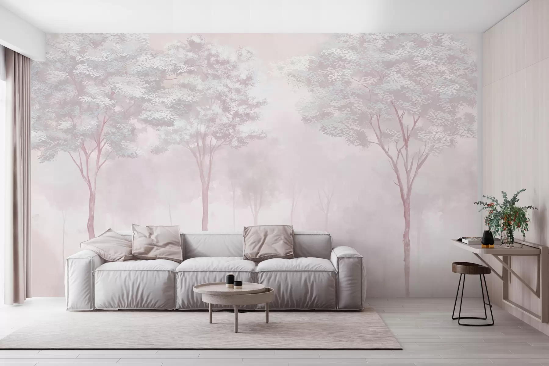 murales de pared Silueta de bosque brumoso en suave color rosa w01599v1