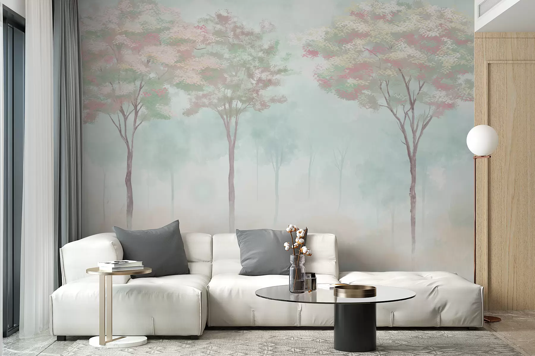 murales de pared Silueta de bosque brumoso en colores verde claro y beige w01599v2