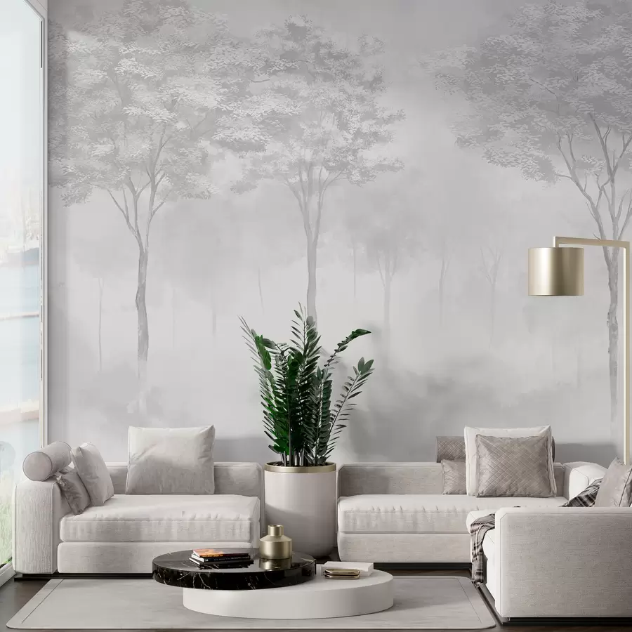 murales de pared Silueta de bosque brumoso en color gris w01599v5