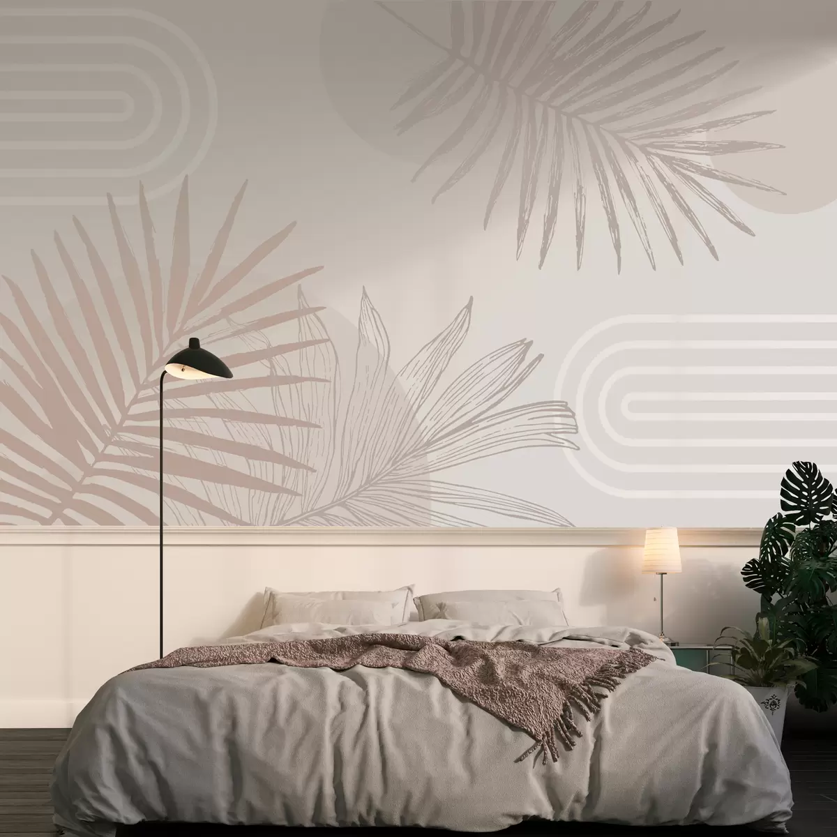 murales de pared Papel pintado geométrico con hojas de palmera en estilo boho w01601