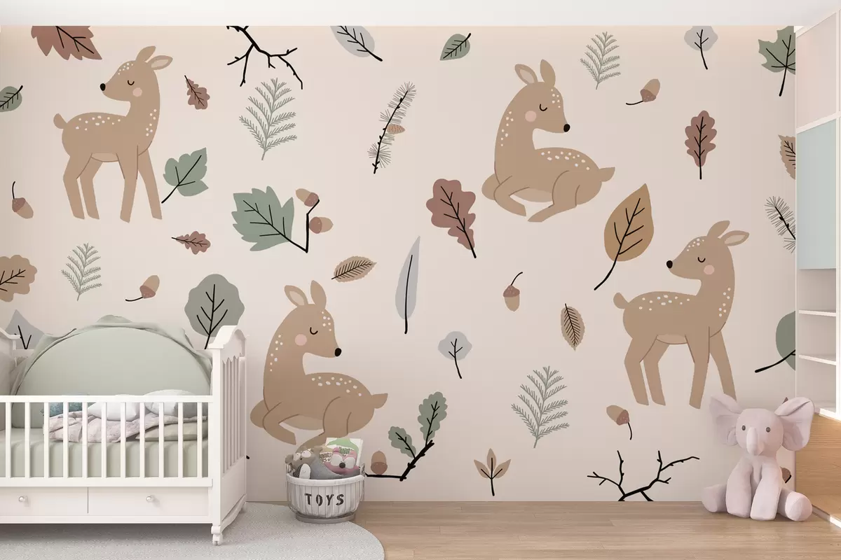 murales de pared Papel pintado infantil con ciervos y hojas w01605