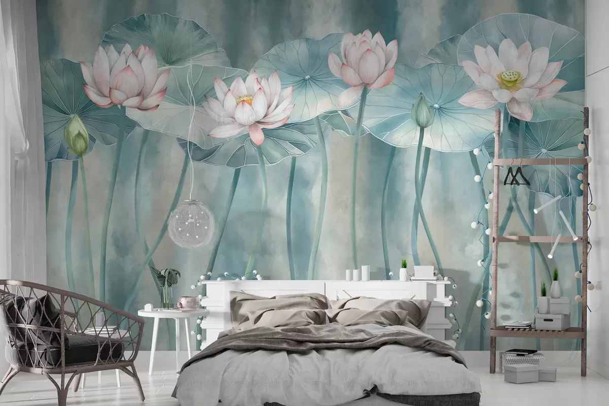 murales de pared Flores y hojas de loto en una pared grunge w01622