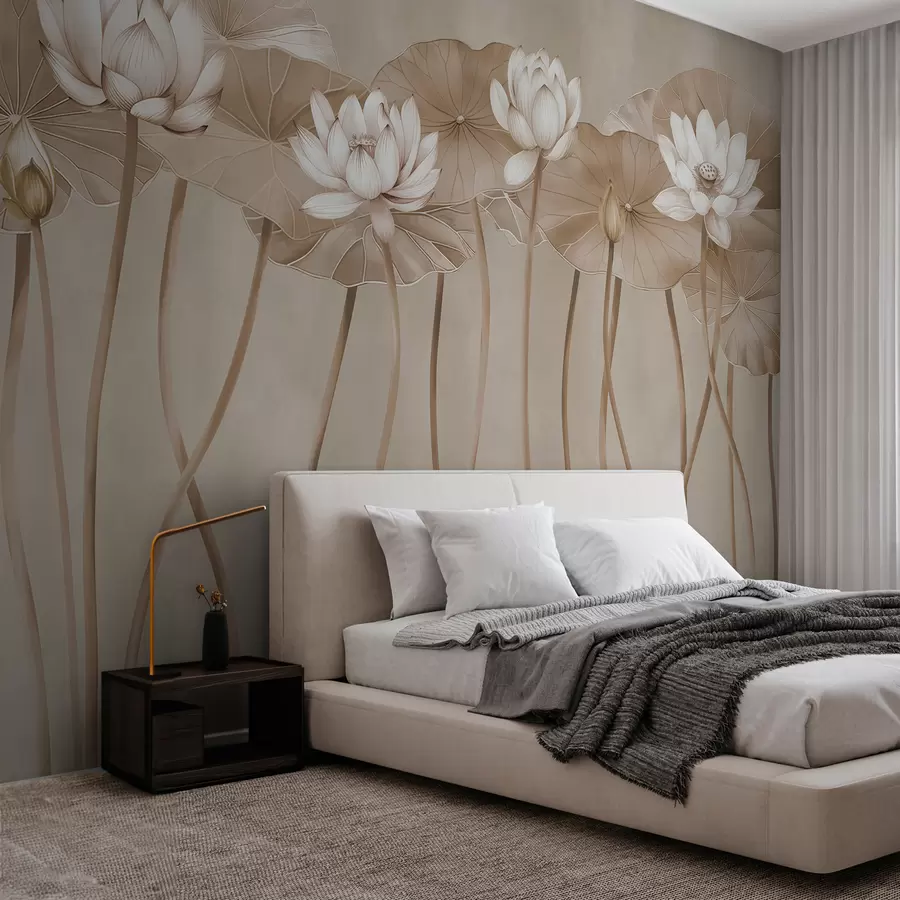 murales de pared Flores y hojas de loto beige  w01622v3