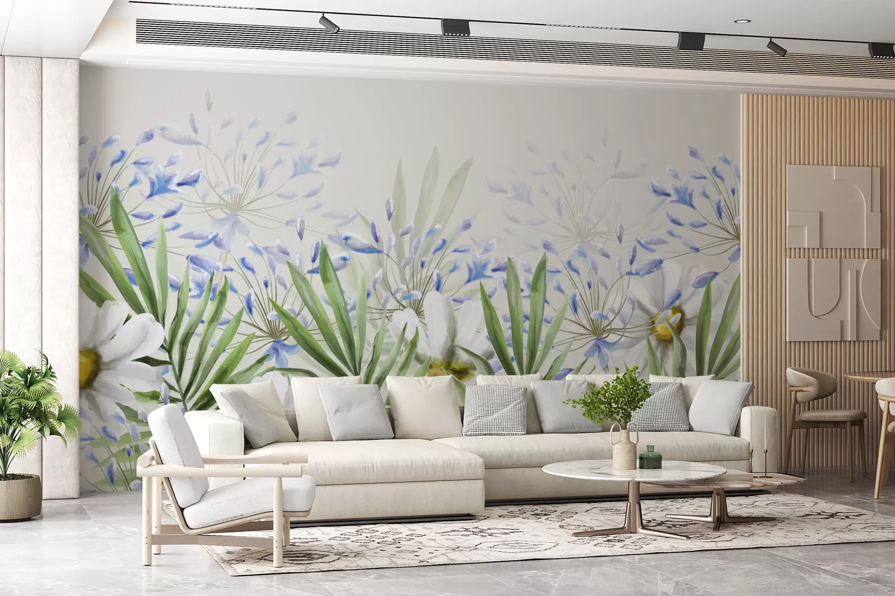 murales de pared margaritas, flores silvestres, hojas, flores azules, arreglo floral w01633
