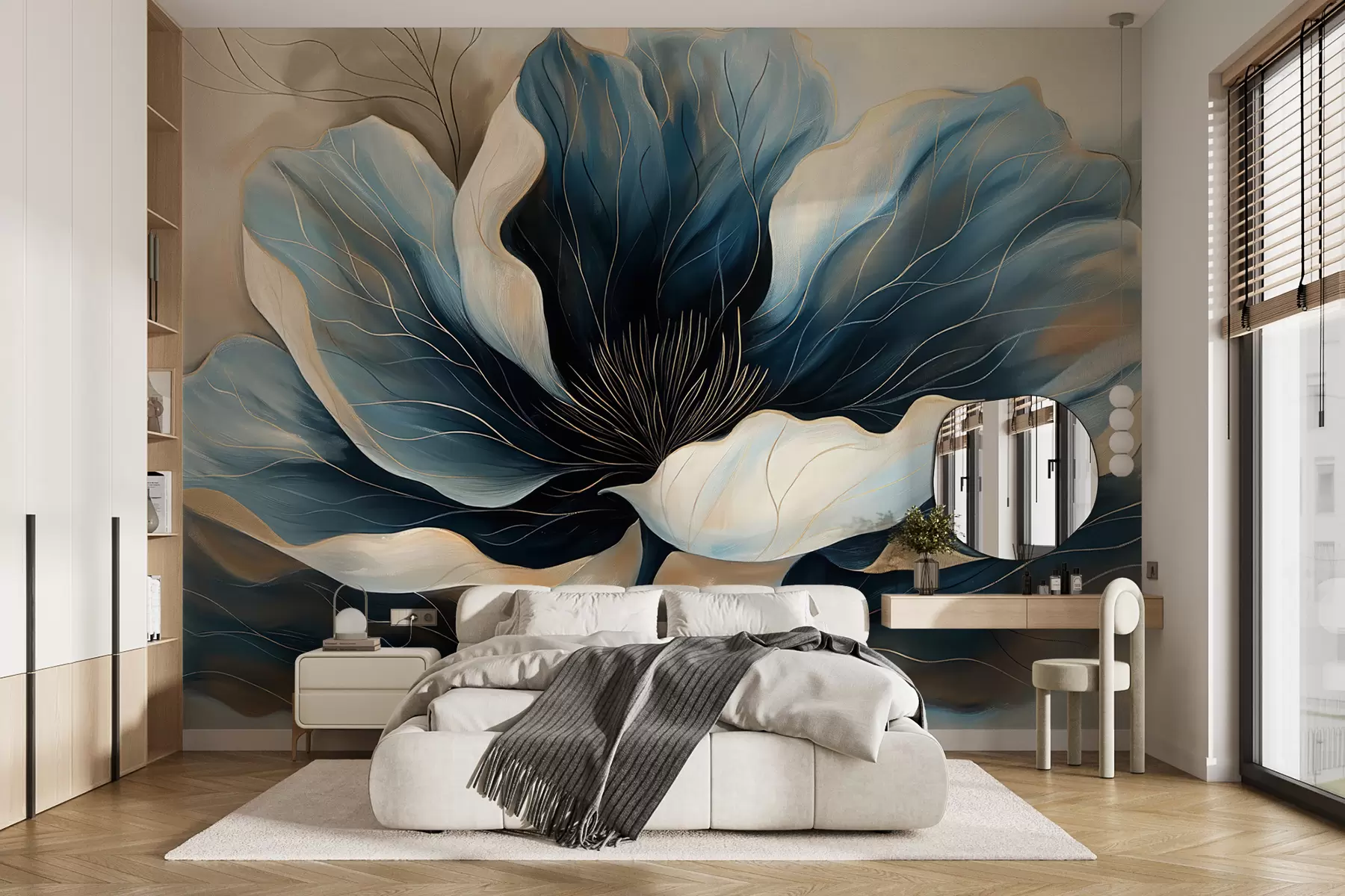 murales de pared Flor grande y elegante con pétalos azul oscuro y blanco que fluyen profundamente w01538