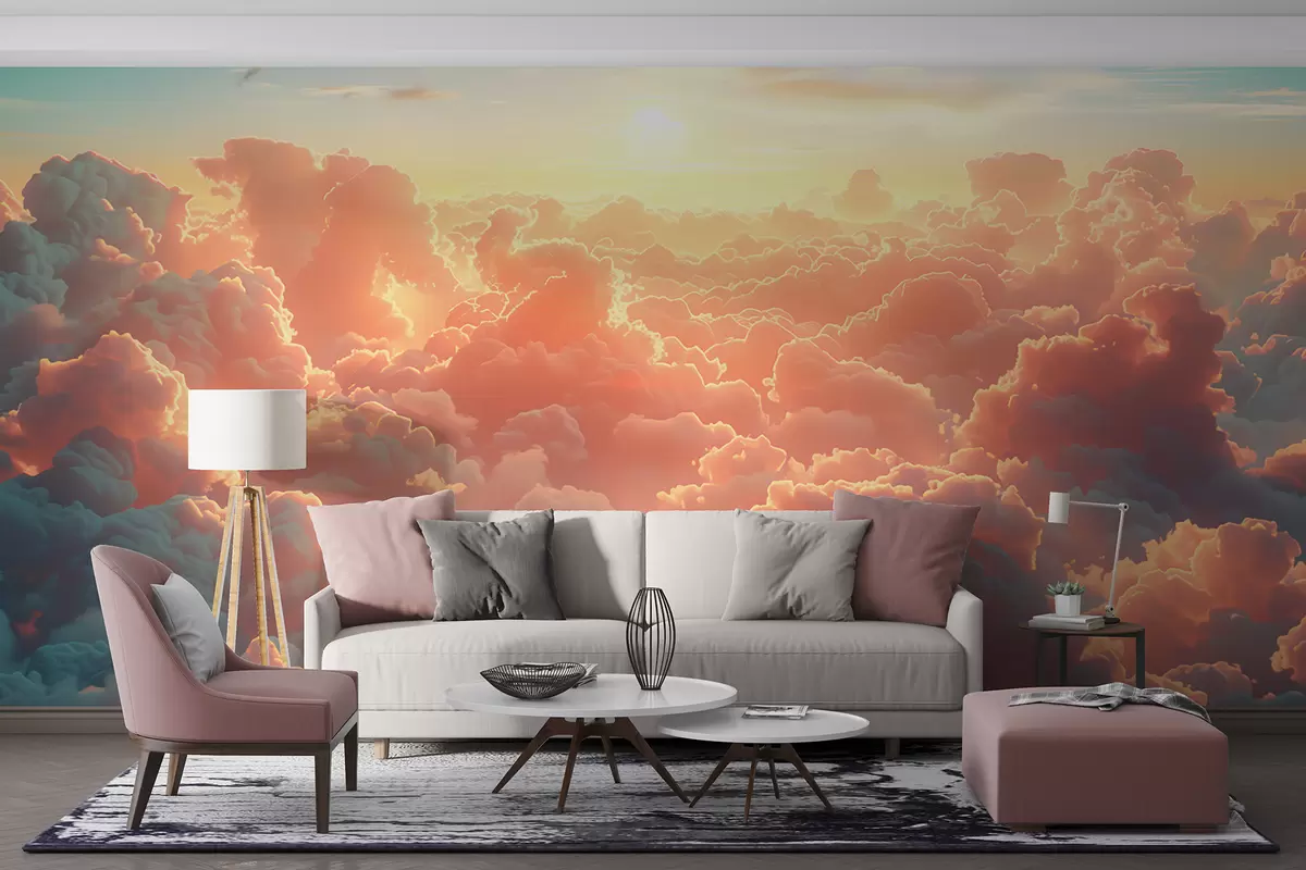 murales de pared Cielo brillante con muchas nubes en el cielo en colores cálidos w01539