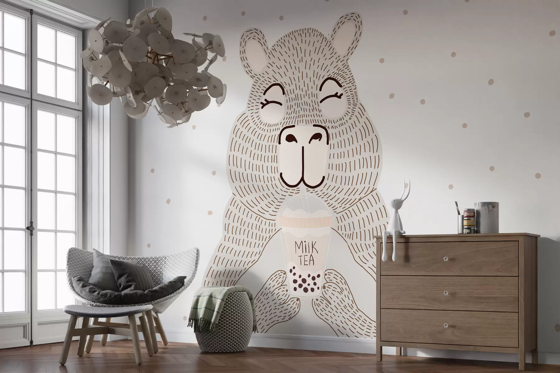 murales de pared Bonito carpincho beige grande con camiseta de burbujas en estilo minimalista sobre fondo blanco punteado   w01122