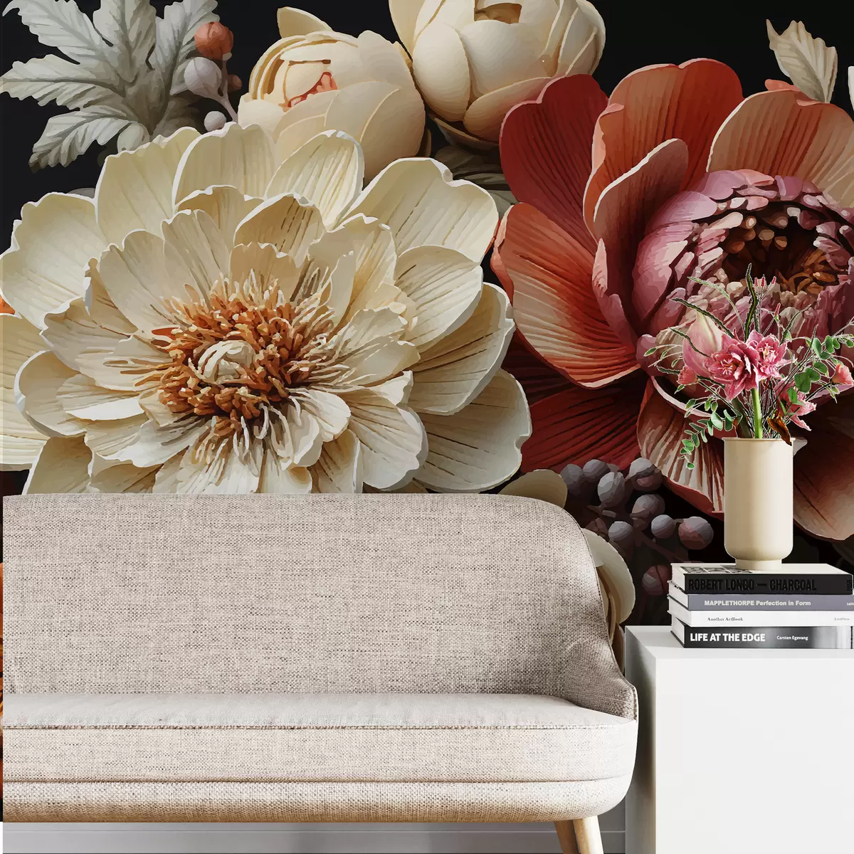 murales de pared Flores grandes,peonias,fondo oscuro,flores brillantes w01662