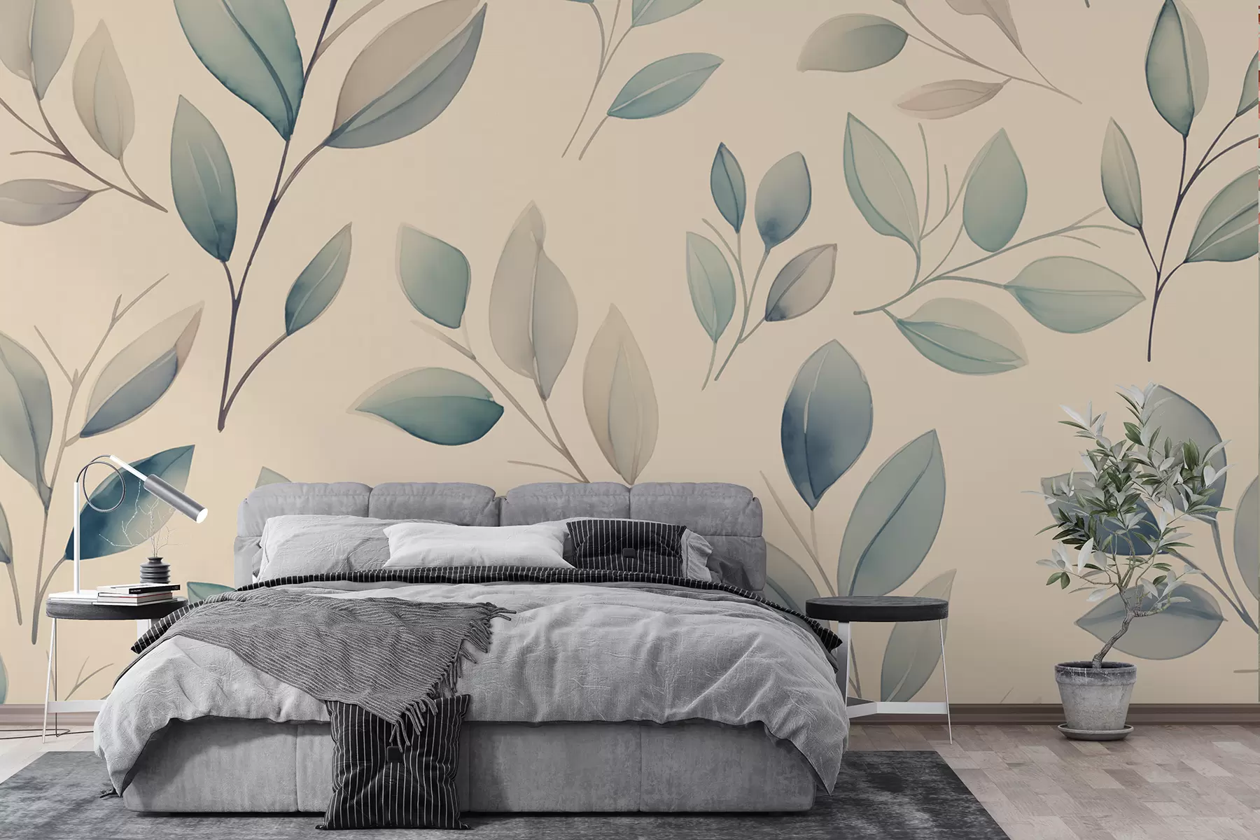 murales de pared Hojas azules y marrón claro en estilo acuarela sobre fondo beige w01658