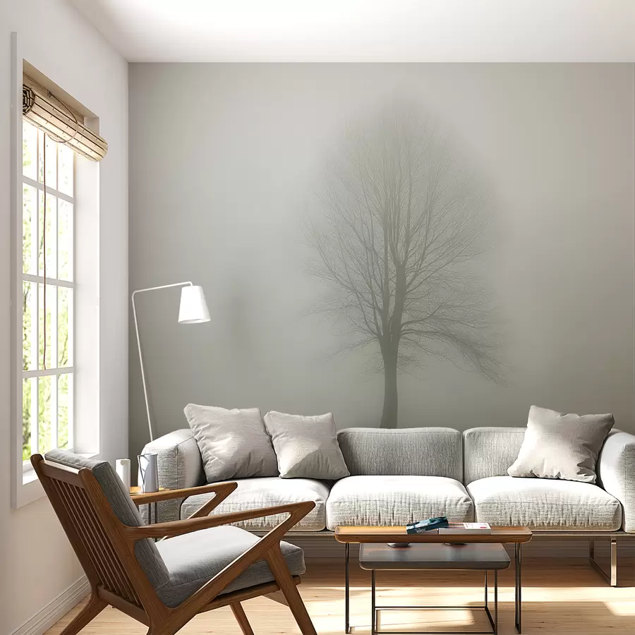 murales de pared Árbol en la niebla de color verde oscuro w01660