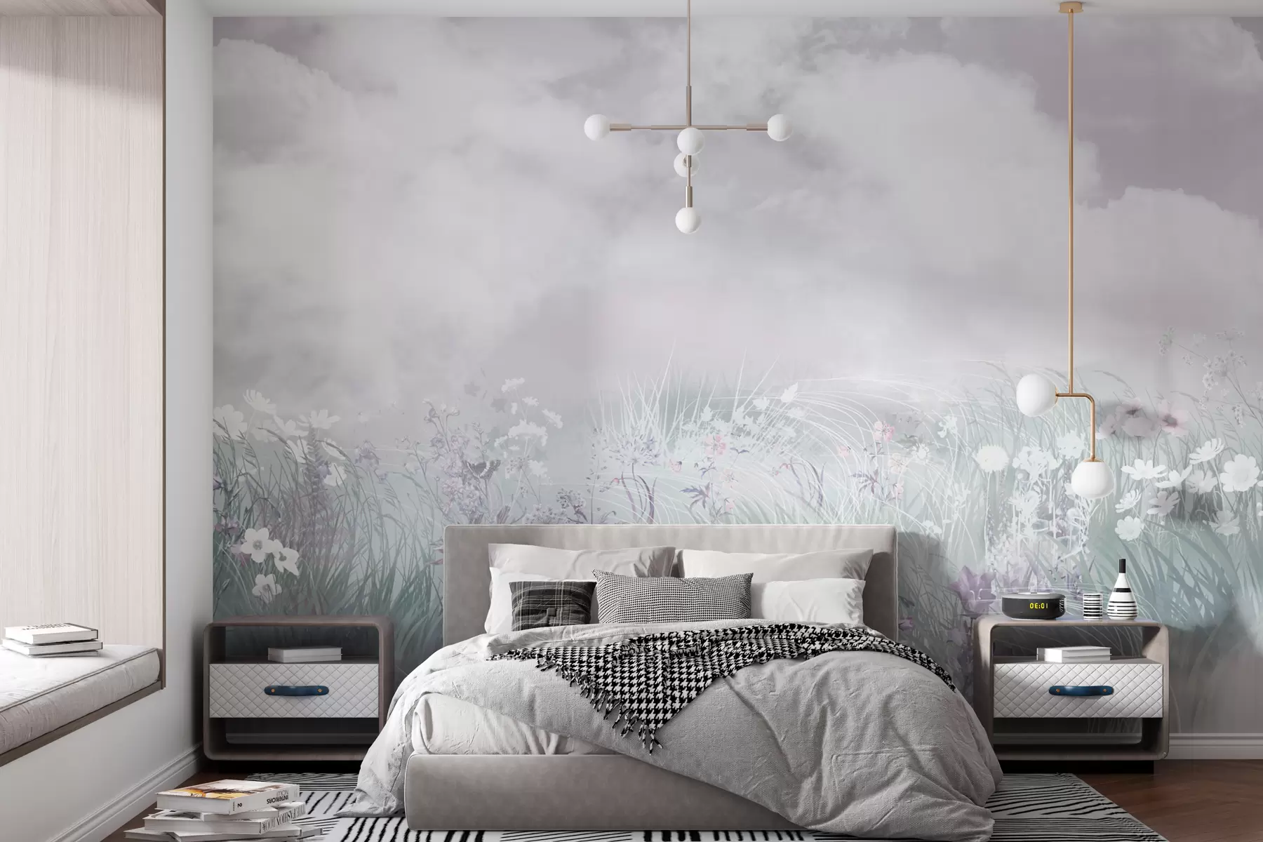 murales de pared Flores silvestres y hierbas con cielo rosado y nubes w01624v1
