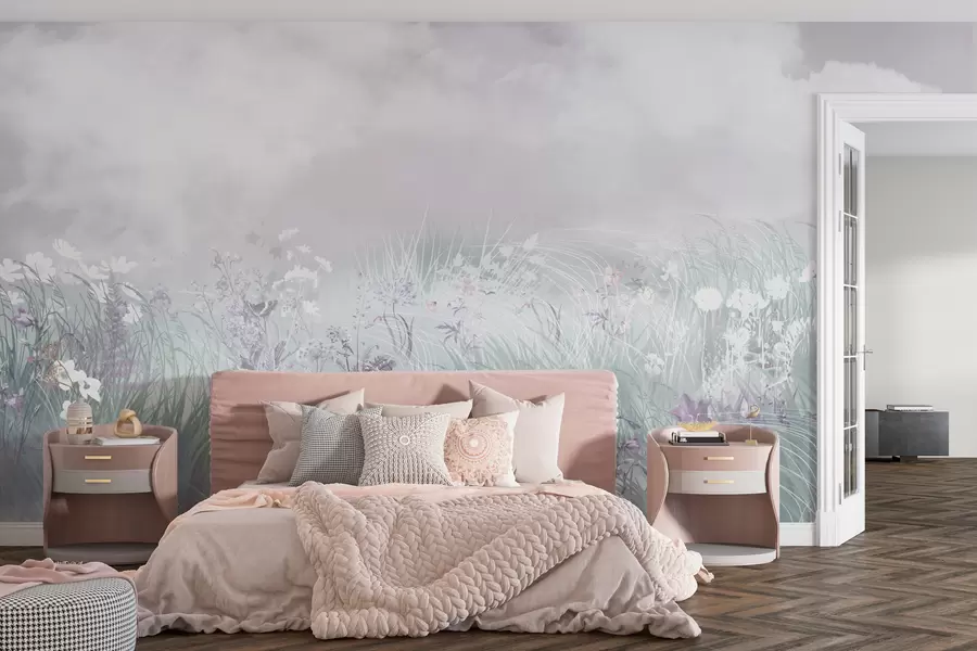 murales de pared Flores silvestres y hierbas con cielo rosado y nubes w01624v1
