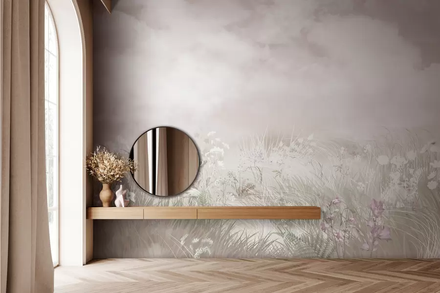 murales de pared Flores silvestres y hierbas con cielo y nubes rosa pálido w01624v4