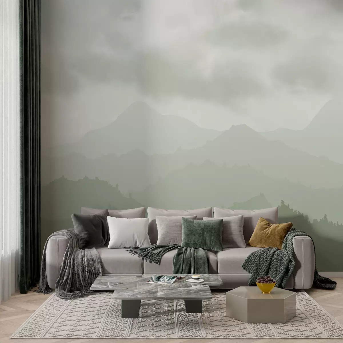 murales de pared Montañas neblinosas con cúmulos ceonáceos en el cielo w01637v3