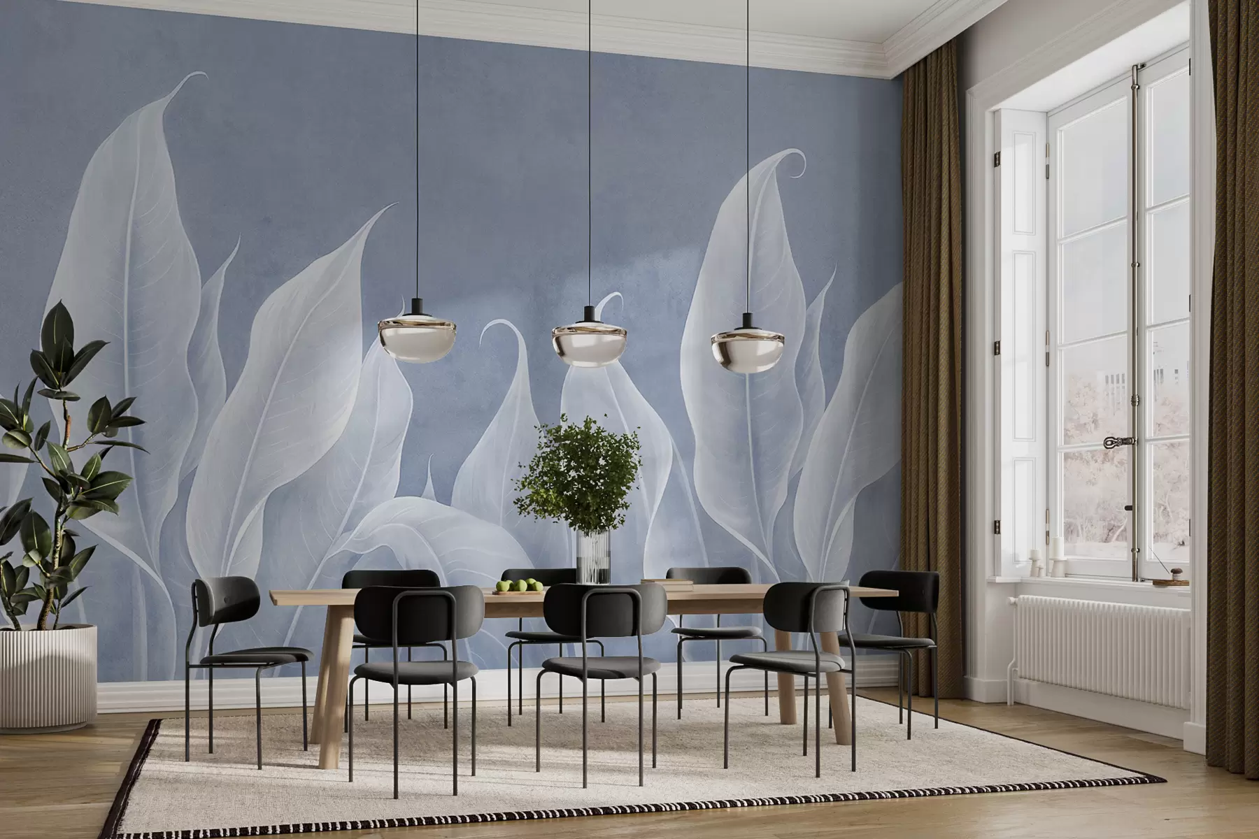 murales de pared grandes hojas blancas sobre fondo azul w01679v1