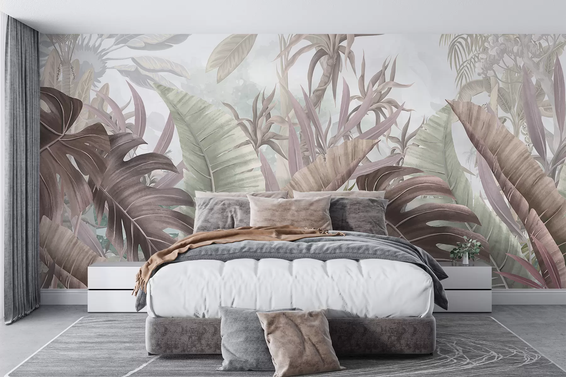 murales de pared Una jungla tropical con grandes hojas de palmera y plantas exóticas en tonos grises, blancos y beige w08307