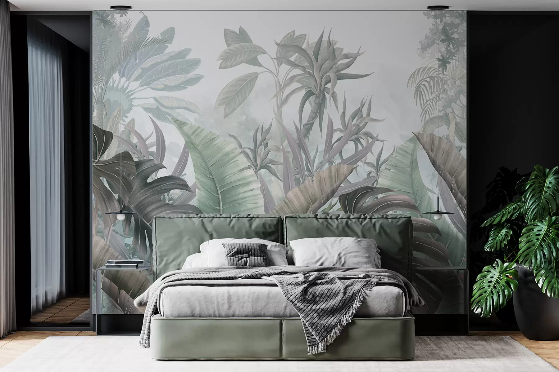 murales de pared Una jungla tropical con grandes hojas de palmera y plantas exóticas en tonos grises, blancos y verdes w08307v1