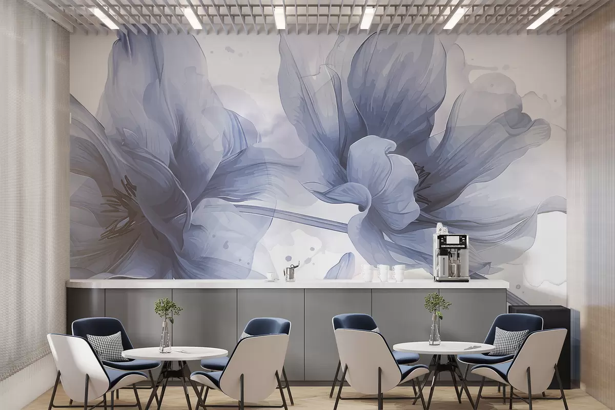 murales de pared Suaves y etéreas flores de dalia azules y blancas con delicados pétalos en capas sobre un fondo difuminado w08308