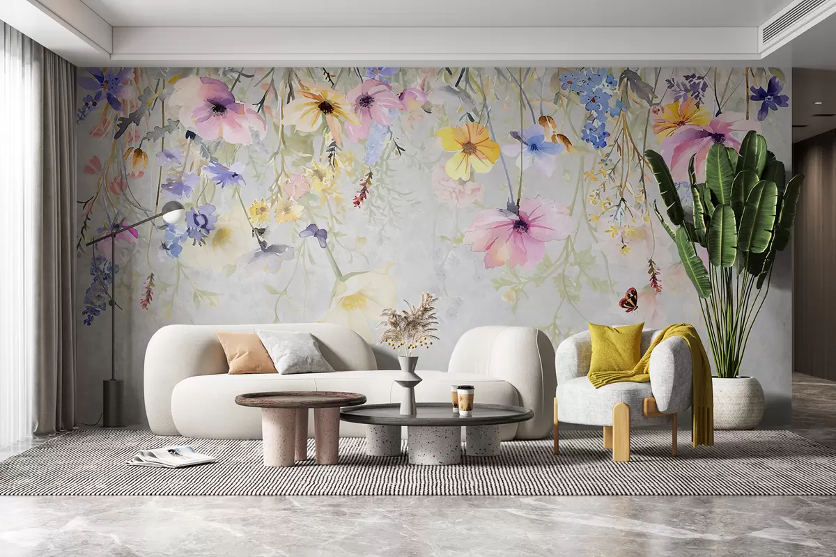 murales de pared Flores de colores con flores rosas, amarillas y azules que cuelgan de la parte superior sobre fondo gris texturizado w08309
