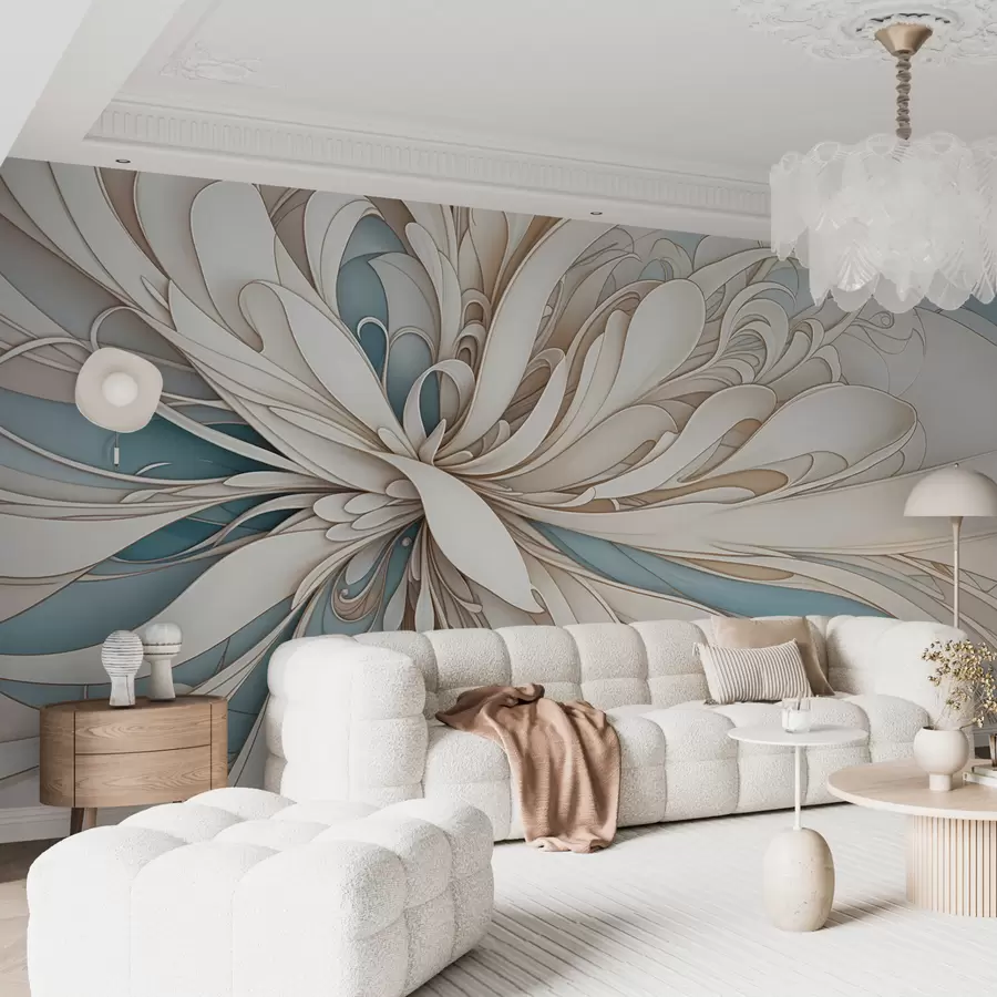 murales de pared Estampado floral abstracto con formas orgánicas arremolinadas en tonos beige, tostado y azul con un fondo claro w08311