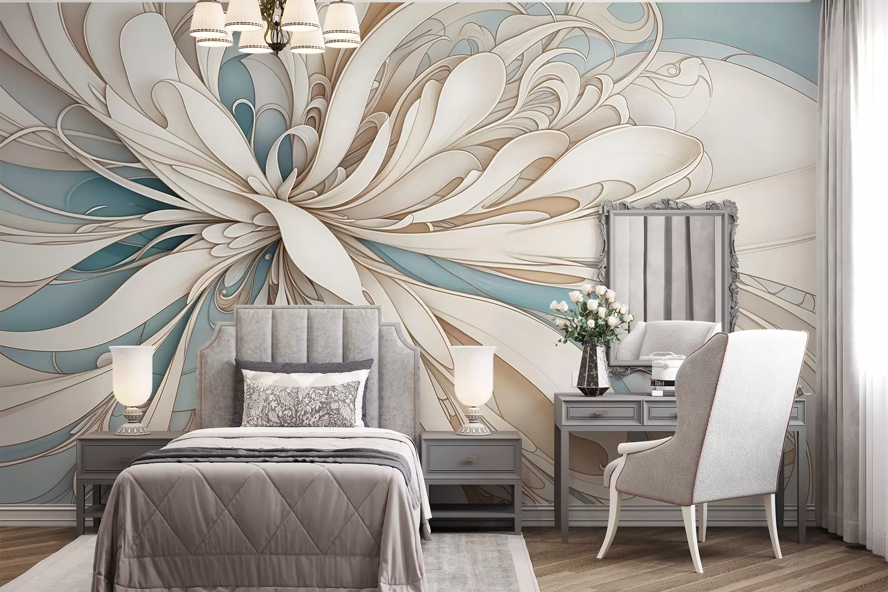murales de pared Estampado floral abstracto con formas orgánicas arremolinadas en tonos beige, tostado y azul con un fondo claro w08311