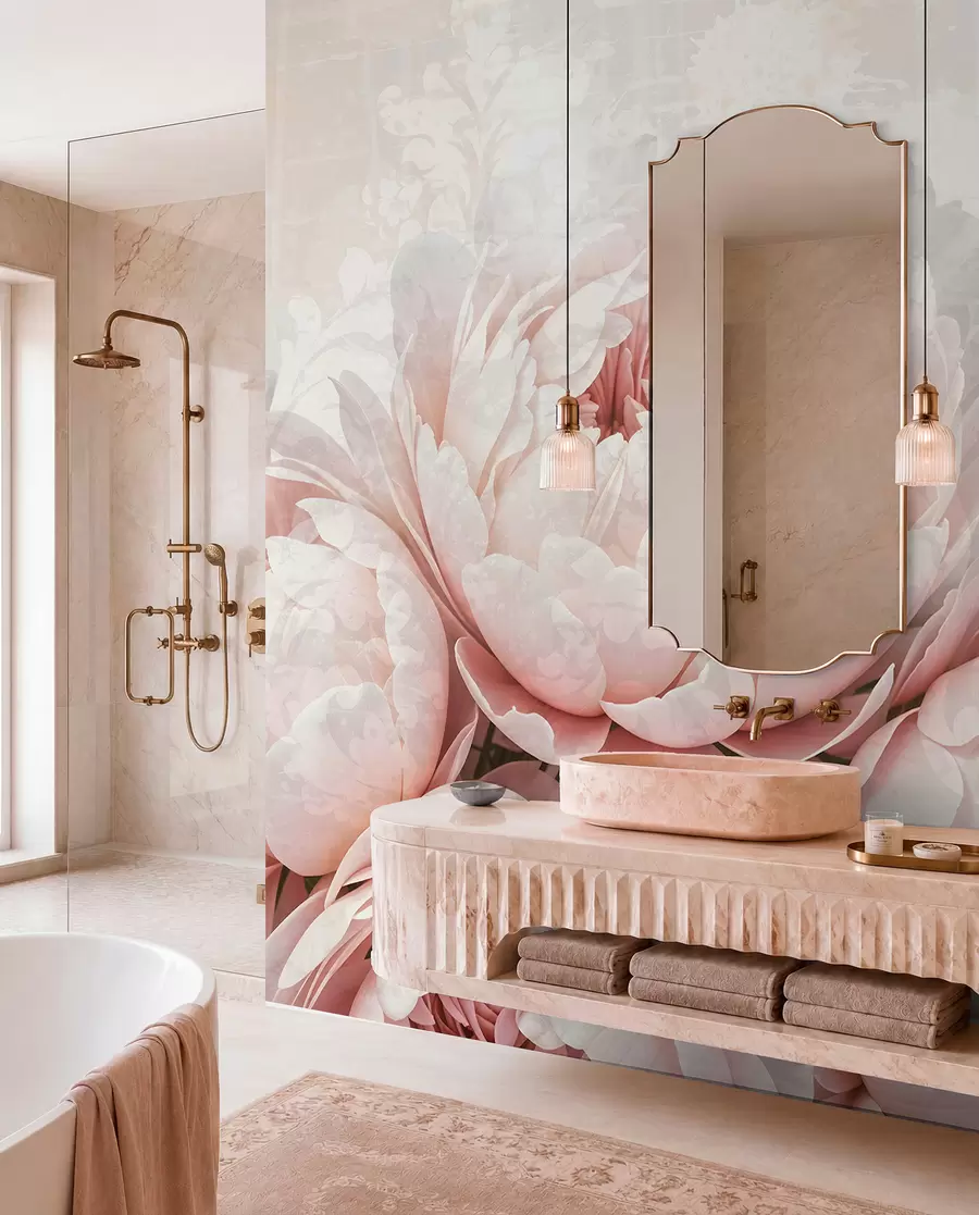 murales de pared Peonías de color rosa suave con delicados pétalos sobre un fondo vintage de textura ligera w08312
