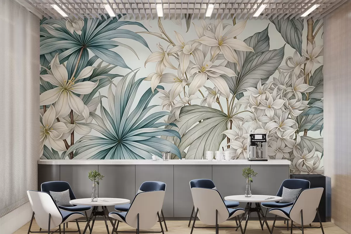 murales de pared Estampado floral tropical con grandes flores blancas y azul claro, hojas verdes y fondo neutro w08318