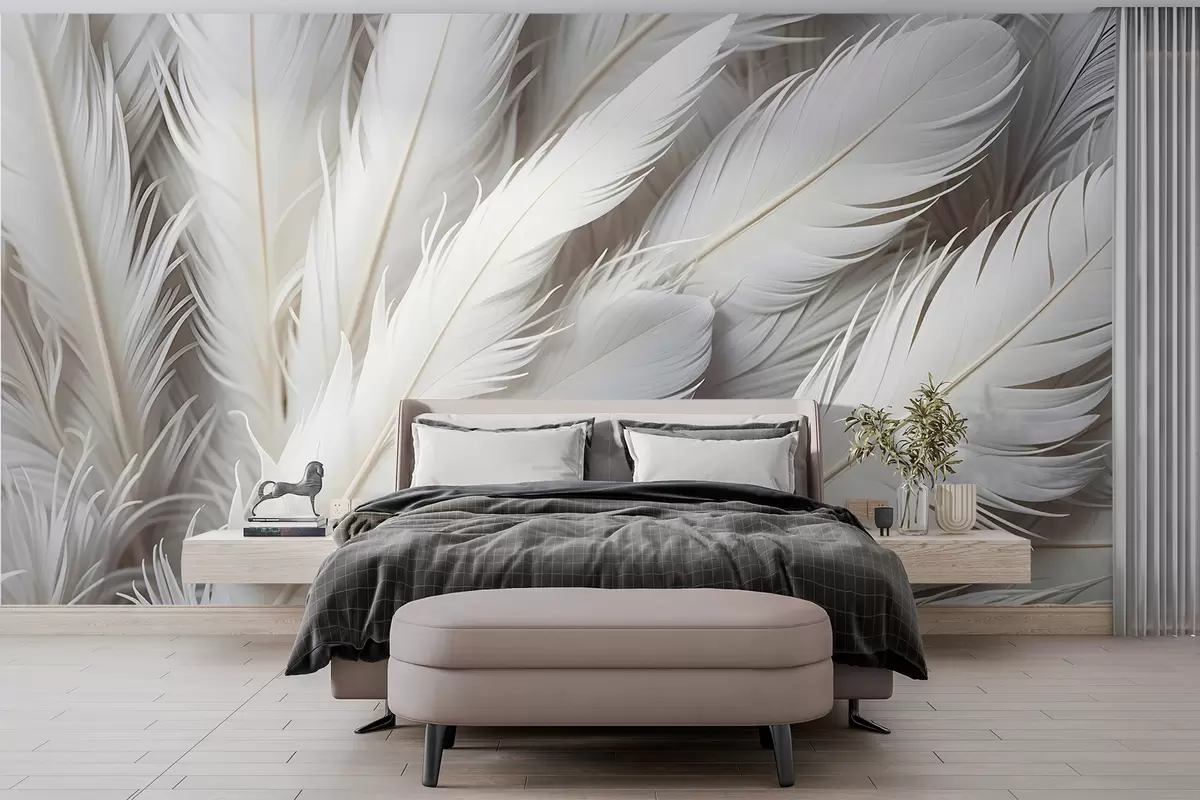 murales de pared Suaves y esponjosas plumas blancas con una delicada textura ondulada sobre un fondo claro w08319