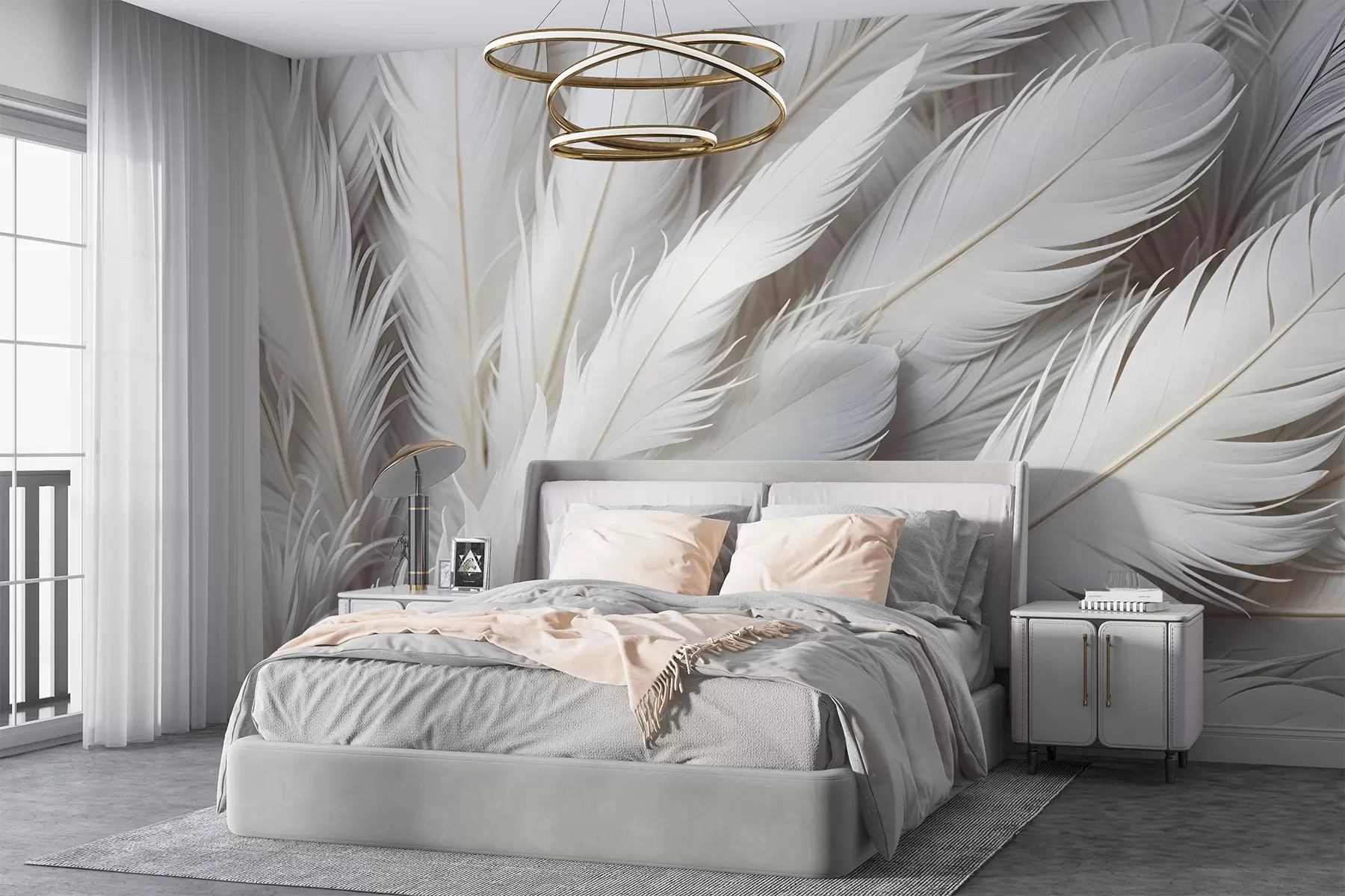 murales de pared Suaves y esponjosas plumas blancas con una delicada textura ondulada sobre un fondo claro w08319