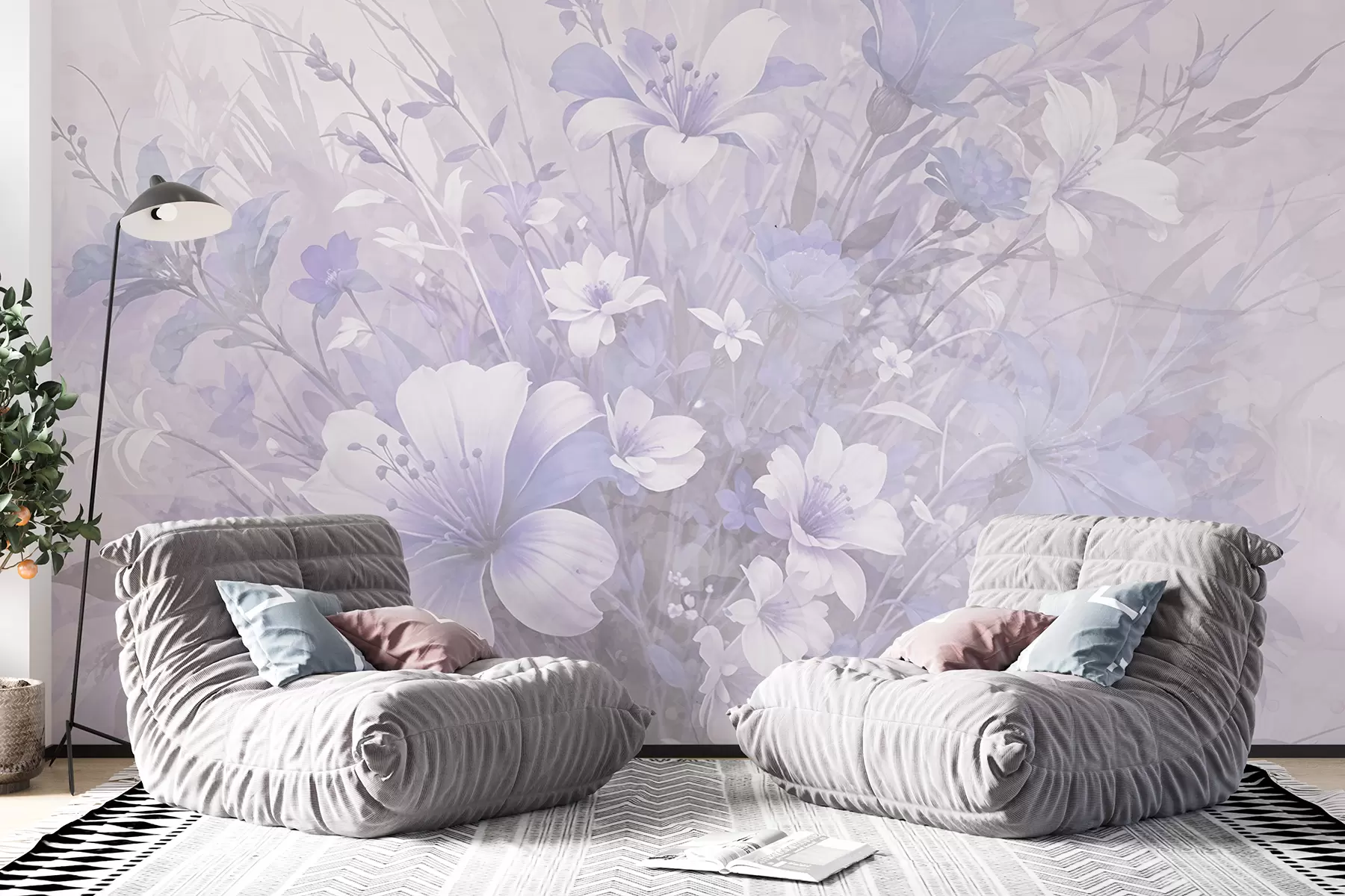murales de pared Arreglo floral en tonos pastel con delicadas flores blancas y violetas sobre un fondo claro w08320v1