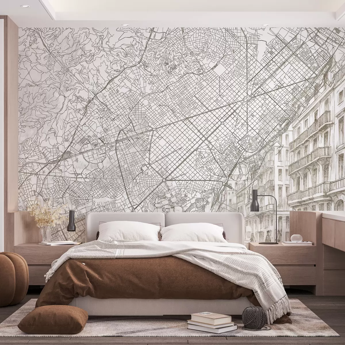 murales de pared Mapa de la ciudad de Barcelona, dibujo lineal, arquitectura, España, colores beige w01695